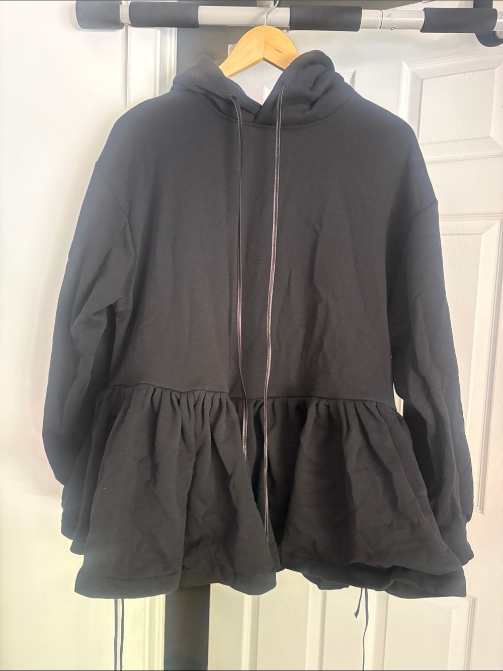 Black Ruffle-Hem Hooded Mini Dress